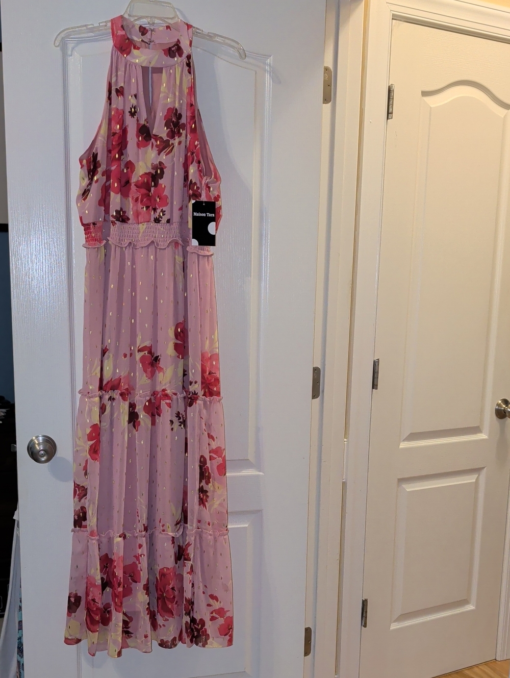 Maison Tara Pink Floral Maxi with Metallic Gold Accents